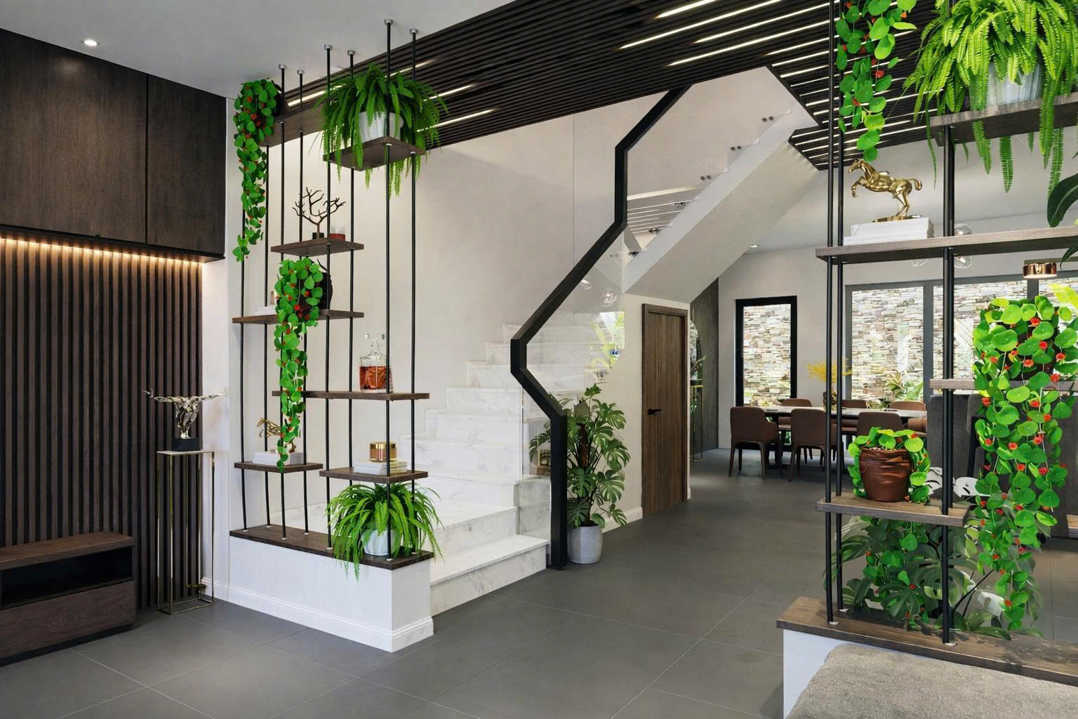 Cầu thang nên đặt lệch cửa chính, sát tường hoặc ở góc nhà để tạo cảm giác kín đáo