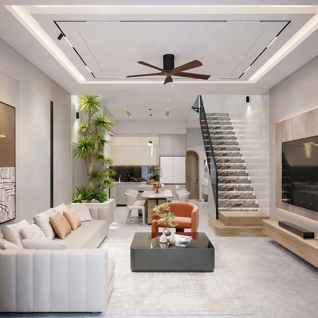 Cầu thang dọc nhà ống trở thành điểm nhấn tinh tế, góp phần thể hiện gu thẩm mỹ và cá tính của gia chủ