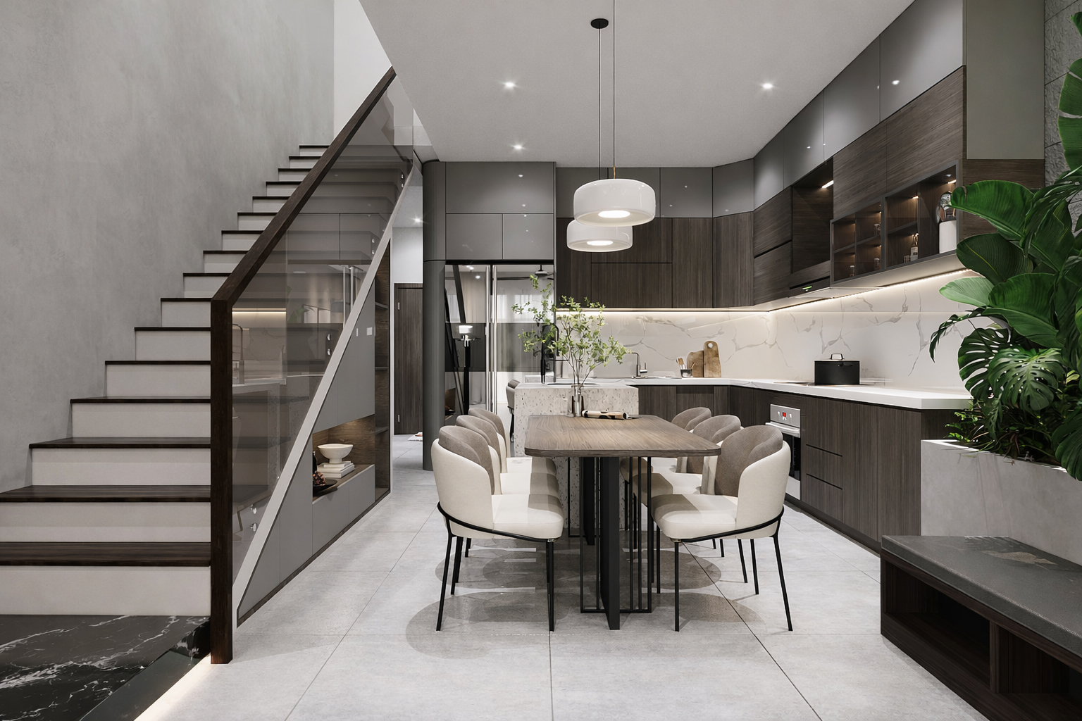 Khi lắp đặt cầu thang dọc phòng bếp cần chú trọng đến tính đồng bộ về mặt vật liệu và màu sắc giữa hệ thống thang và tủ bếp