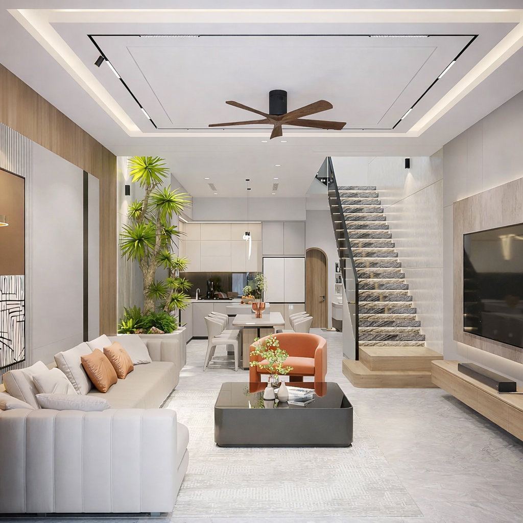 Thiết kế cầu thang dọc phòng bếp là giúp tối ưu diện tích, tạo sự thông thoáng và vẻ đẹp hiện đại