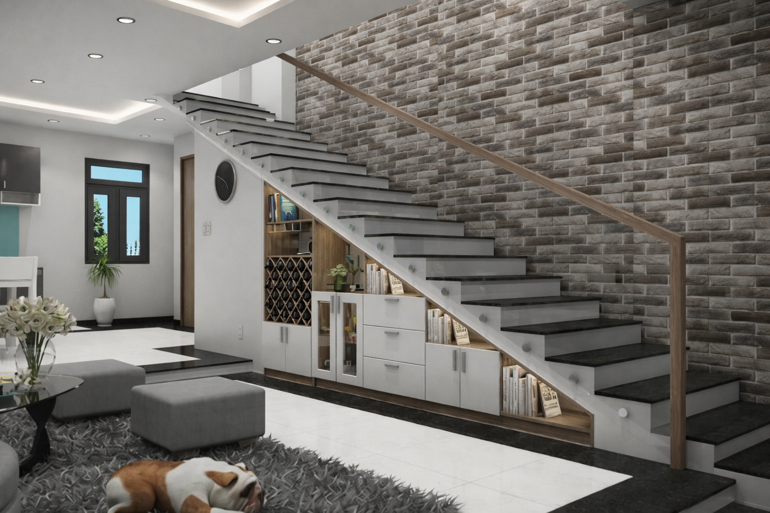 Mẫu cầu thang dọc nhà kết hợp kệ và tủ lưu trữ