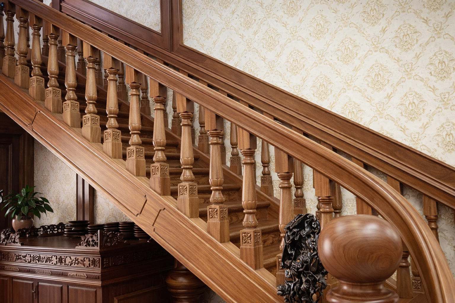 Mẫu cầu thang gỗ lim đẹp phong cách tân cổ điển đầy quyền quý