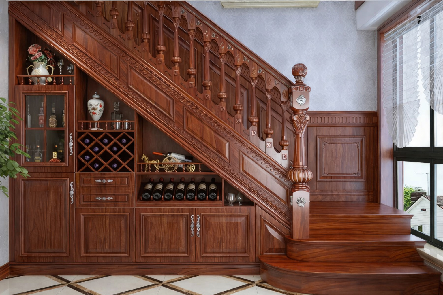 Cầu thang gỗ phong cách hiện đại được thiết kế với những đường nét thẳng, dứt khoát, mang lại cảm giác gọn gàng và tinh tế