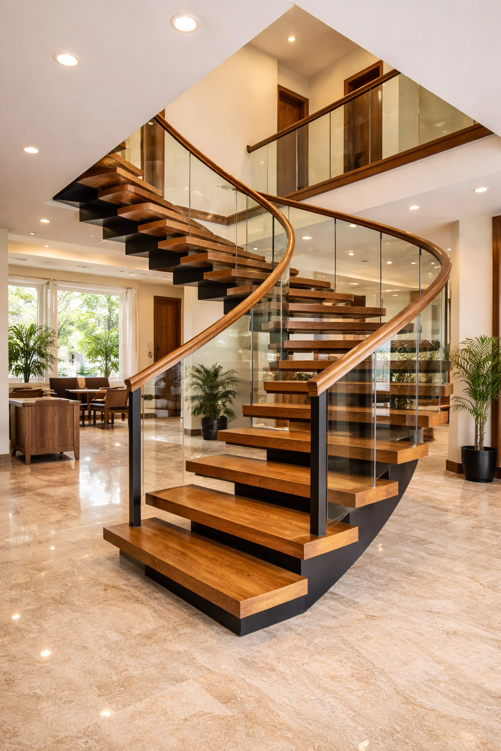 Cầu thang gỗ xương cá – Mẫu cầu thang gỗ đẹp 2026 được ưa chuộng nhất