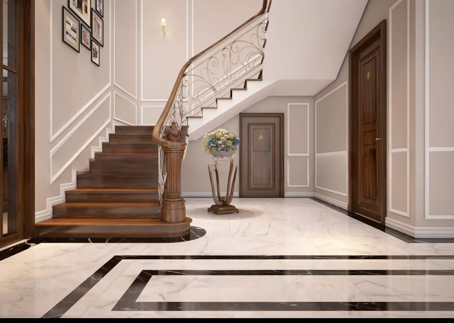 Gỗ Gõ Đỏ kết hợp lan can sắt hoặc nhôm mạ vàng tạo nên cầu thang sang trọng, nổi bật.